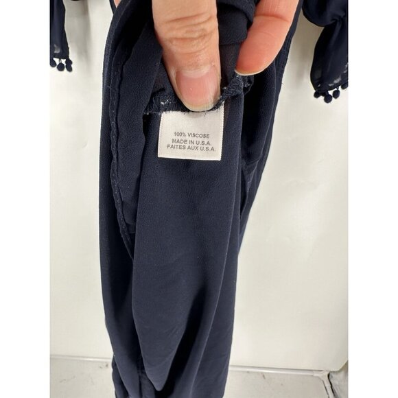 Misa Los Angeles Navy Smocked Cottage Gore Pom Midi Dress Women’s XS Read - Picture 8 of 11